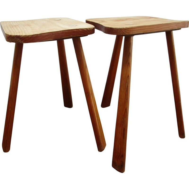 Ensemble de 2 tabourets vintage tripodes en bois, 1970