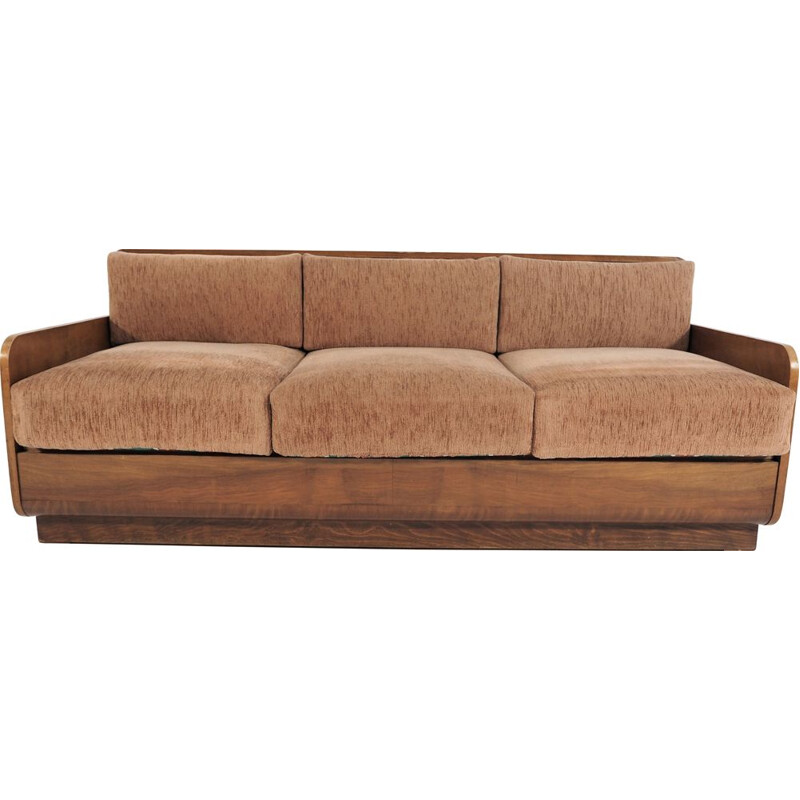 Vintage Art Deco walnut and fabric sofa, 1940s