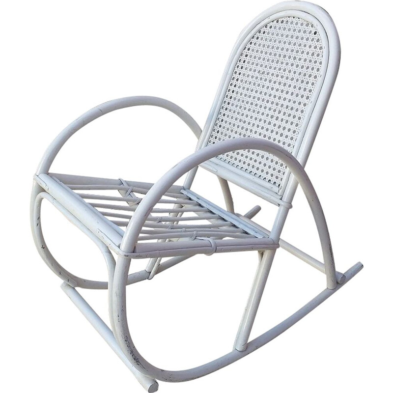 Vintage rocking chair in white rattan, 1970s