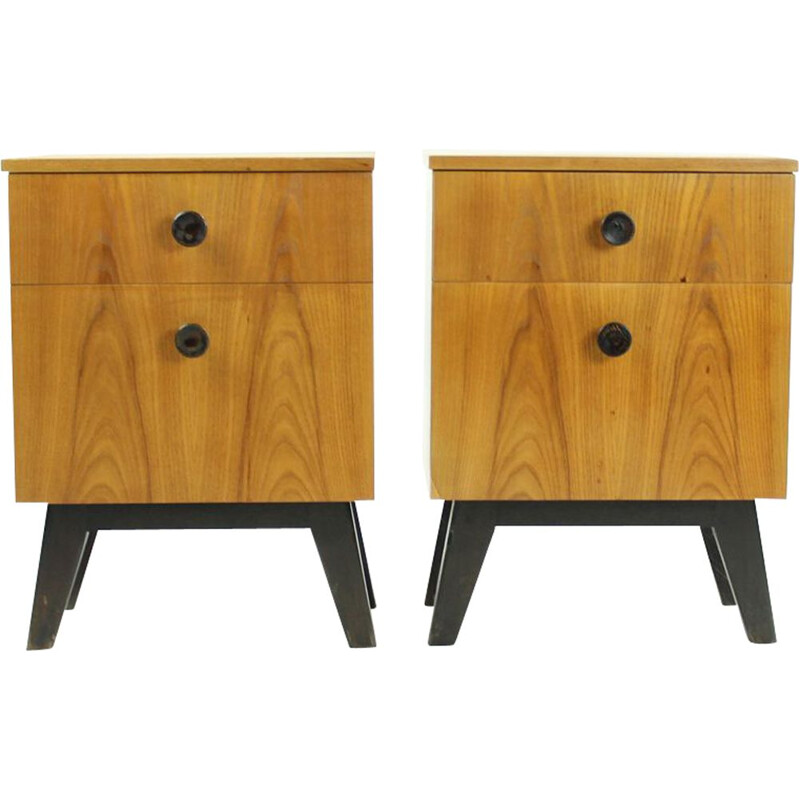 Set of 2 vintage oak bedside tables, Czechoslovakia, 1960s