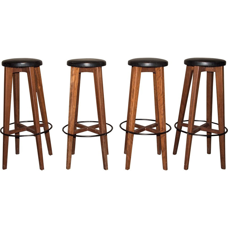 Set of 4 wooden vintage bistro stools, 1960s