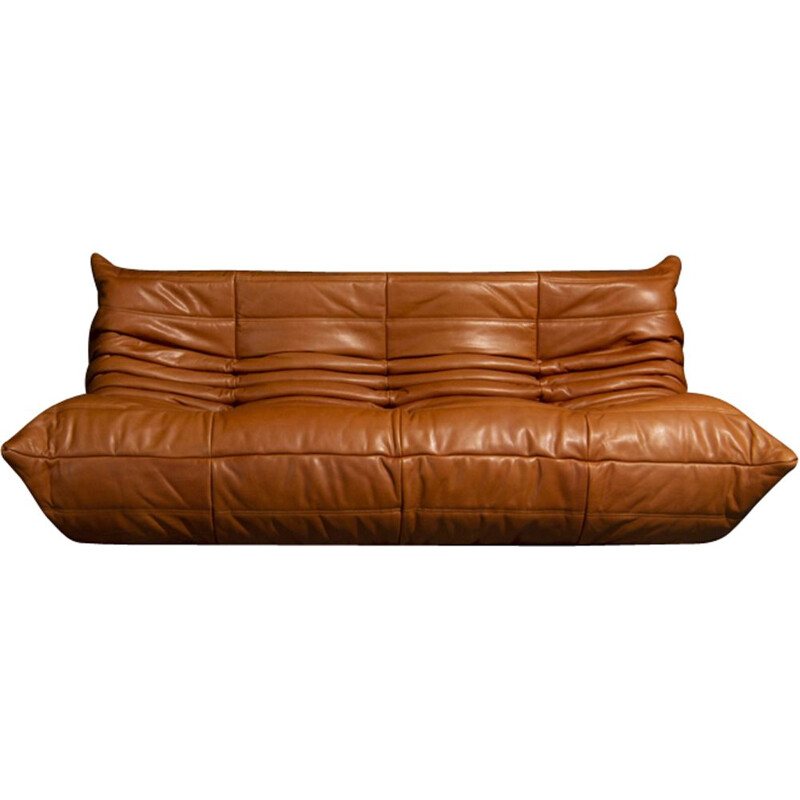 Vintage Togo 3 seater sofa in cognac leather,  by Michel Ducaroy from Ligne Roset