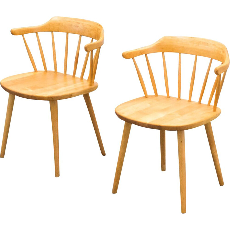 Vintage stolab pair of birch "Smaland" arm chairs by Yngve Ekström 1960