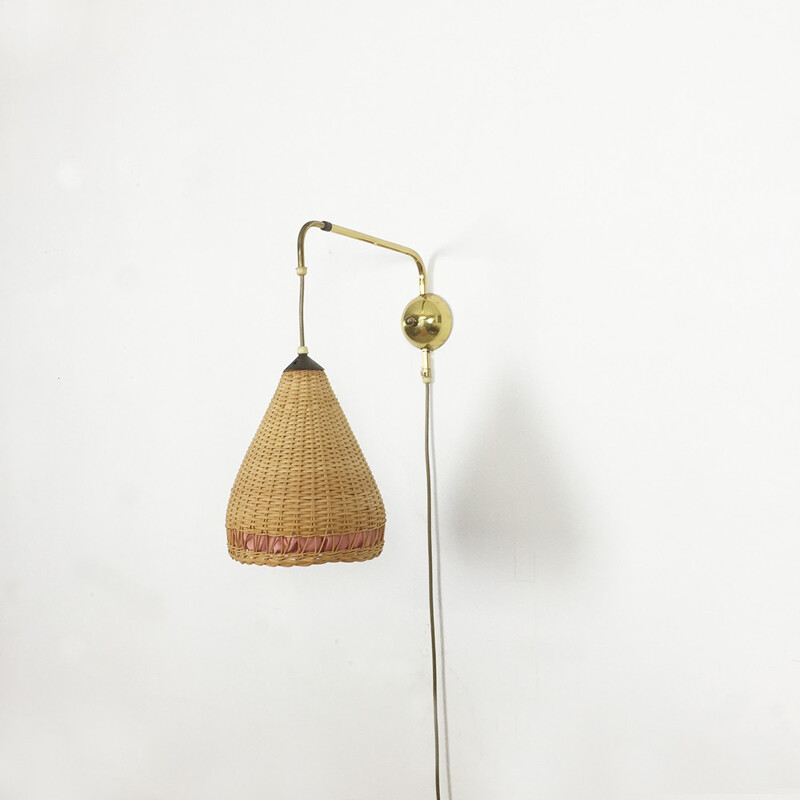 Vintage extendable wall light in metal and wicker - 1950s
