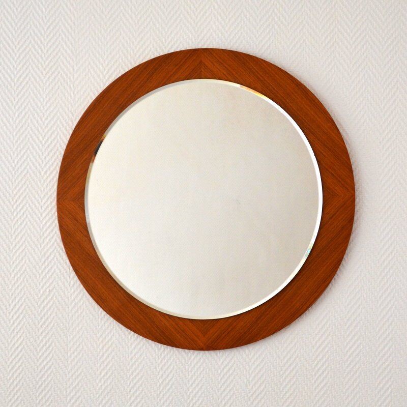 Scandinavian vintage round mirror in teak 1960