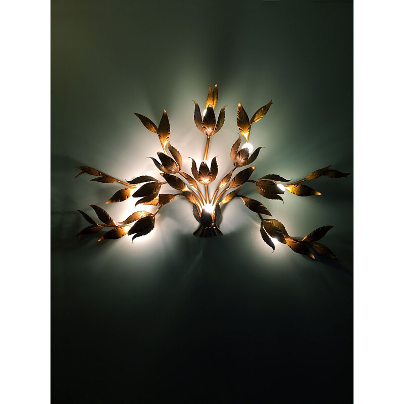 Golden floral vintage wall lamp, Hans Kogl, 1970s