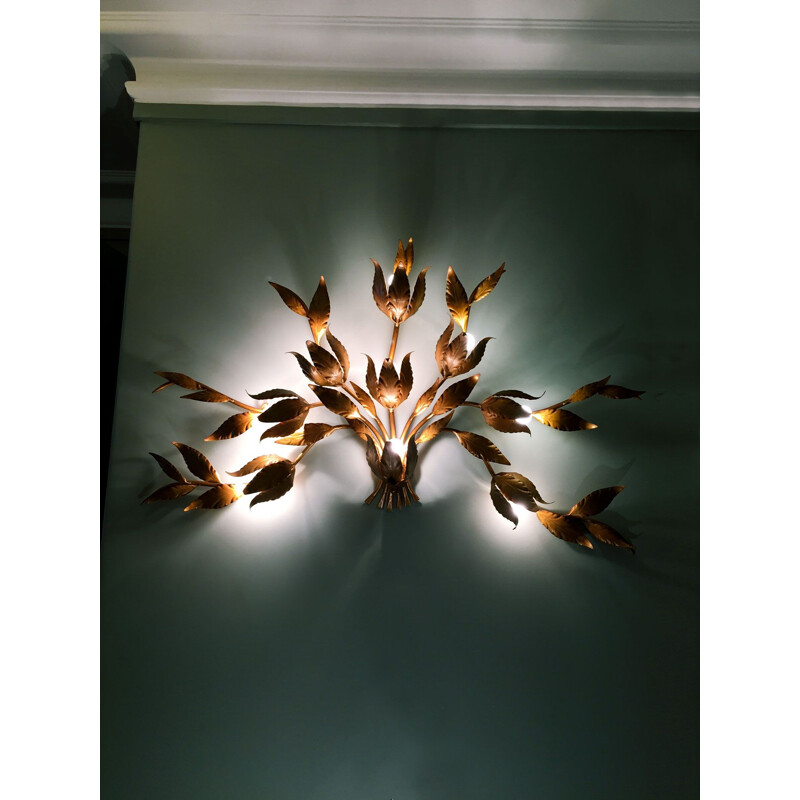 Golden floral vintage wall lamp, Hans Kogl, 1970s