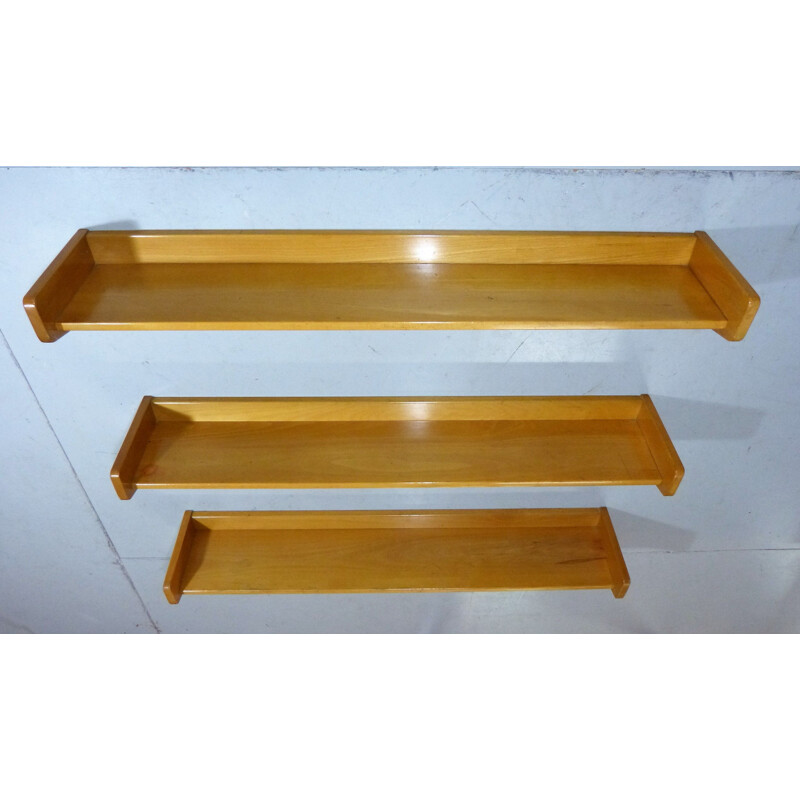 Set of 3 vintage solid vintage beechwood book-wall shelves, 1950