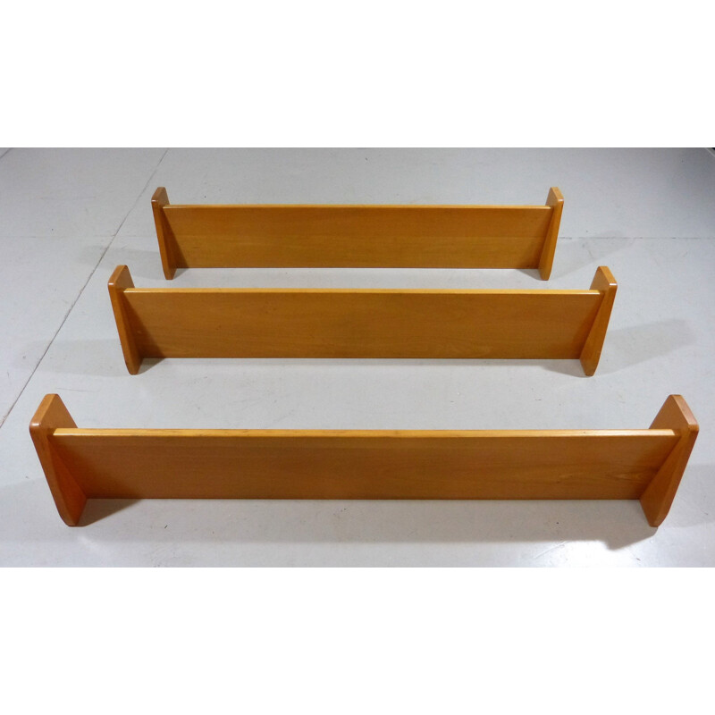 Set of 3 vintage solid vintage beechwood book-wall shelves, 1950