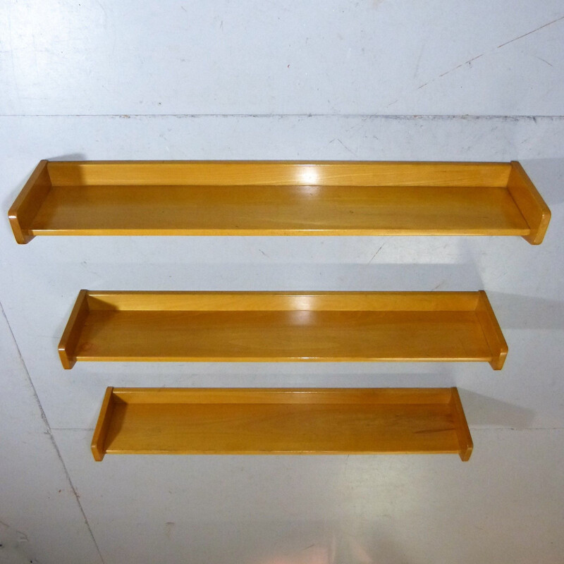 Set of 3 vintage solid vintage beechwood book-wall shelves, 1950