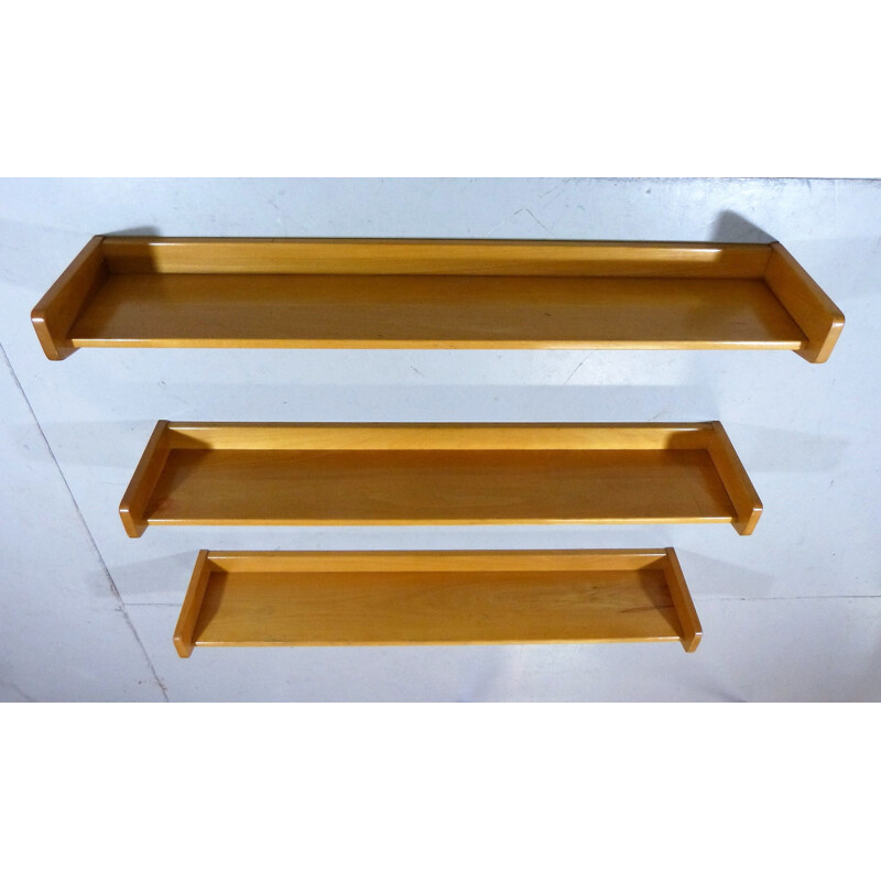 Set of 3 vintage solid vintage beechwood book-wall shelves, 1950