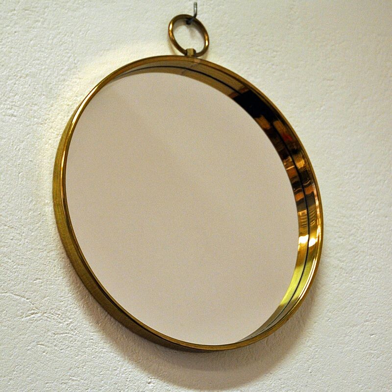 Vintage round brass frame mirror, 1960