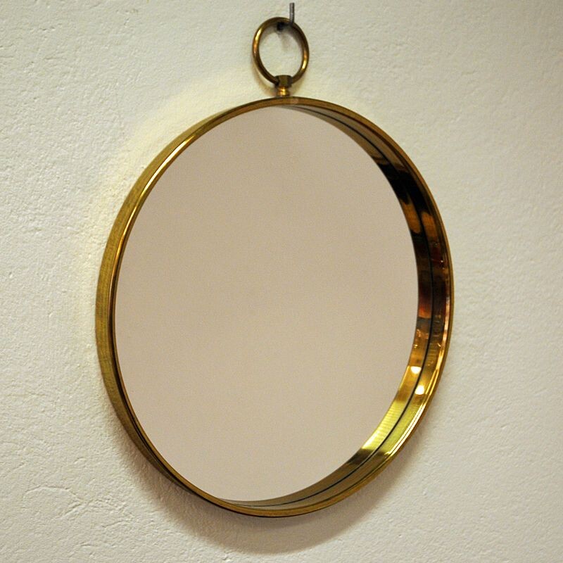 Miroir rond vintage avec cadre en laiton, 1960