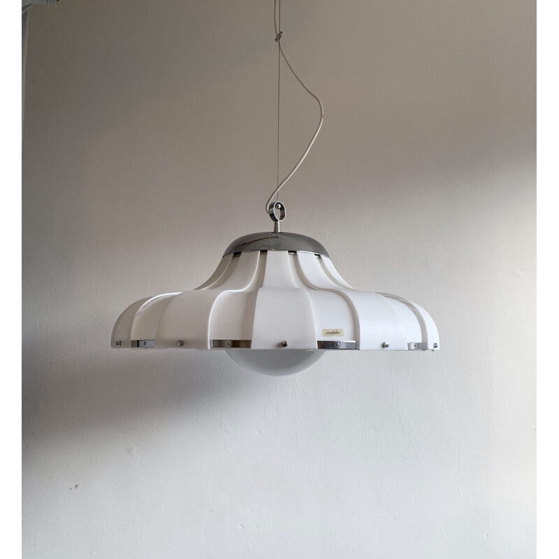 Lampada a sospensione vintage in Abs e vetro bianco di Guzzini per Meblo, Slovenia 1970