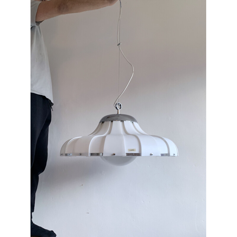 Lampada a sospensione vintage in Abs e vetro bianco di Guzzini per Meblo, Slovenia 1970