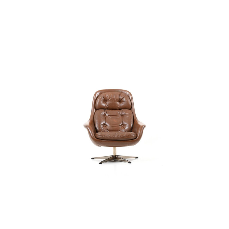 Fauteuil pivotant vintage danois en cuir brun, 1960