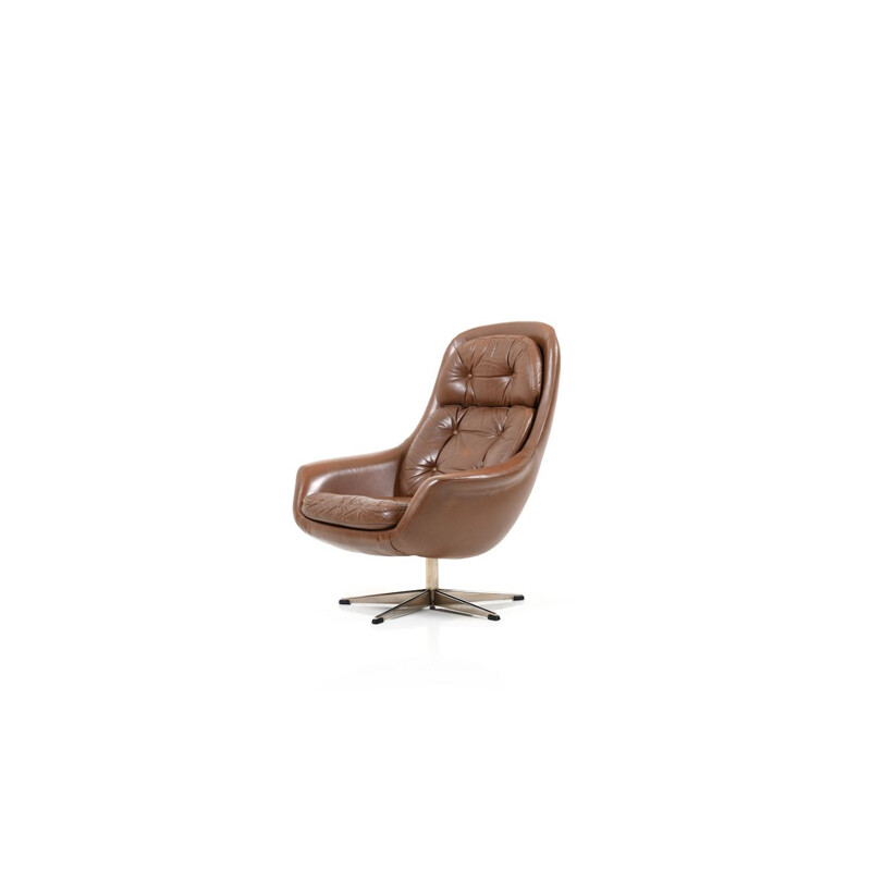 Danish vintage swivel armchair in brown leather, 1960s