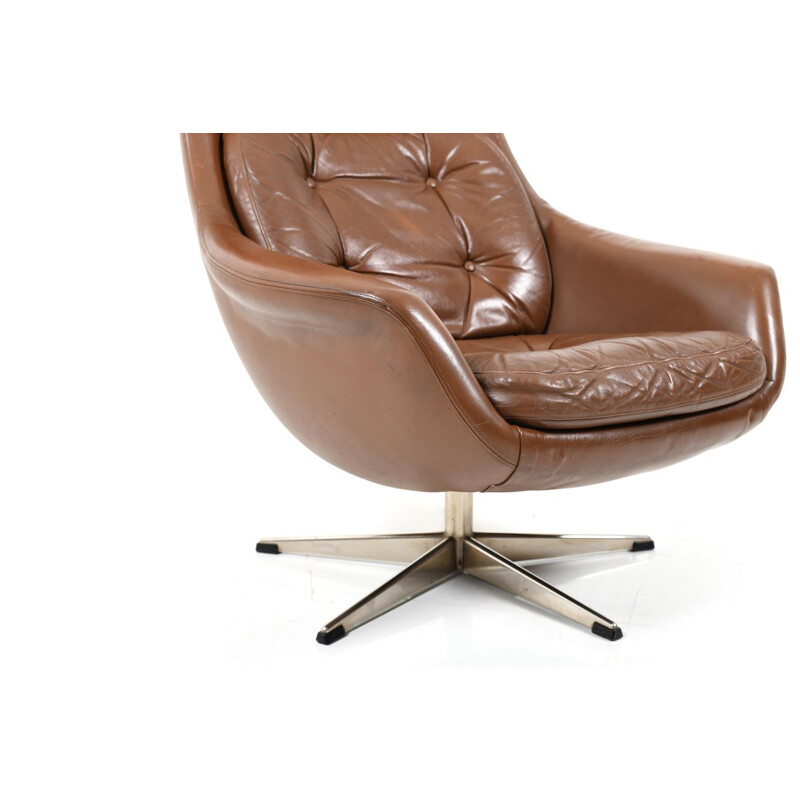 Danish vintage swivel armchair in brown leather, 1960s