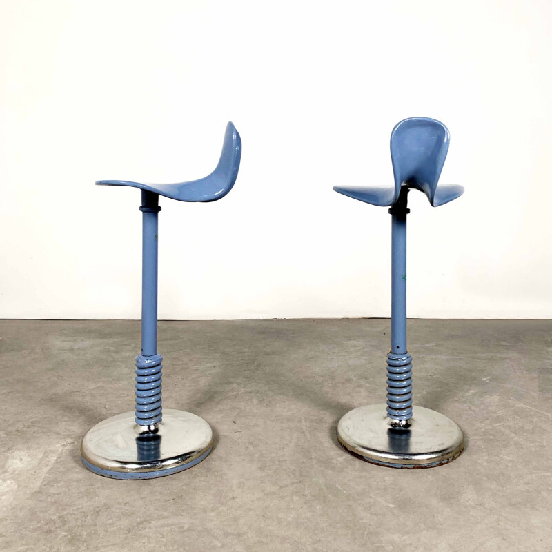 Pair of of 2 adjustable blue metal stool, 1950s