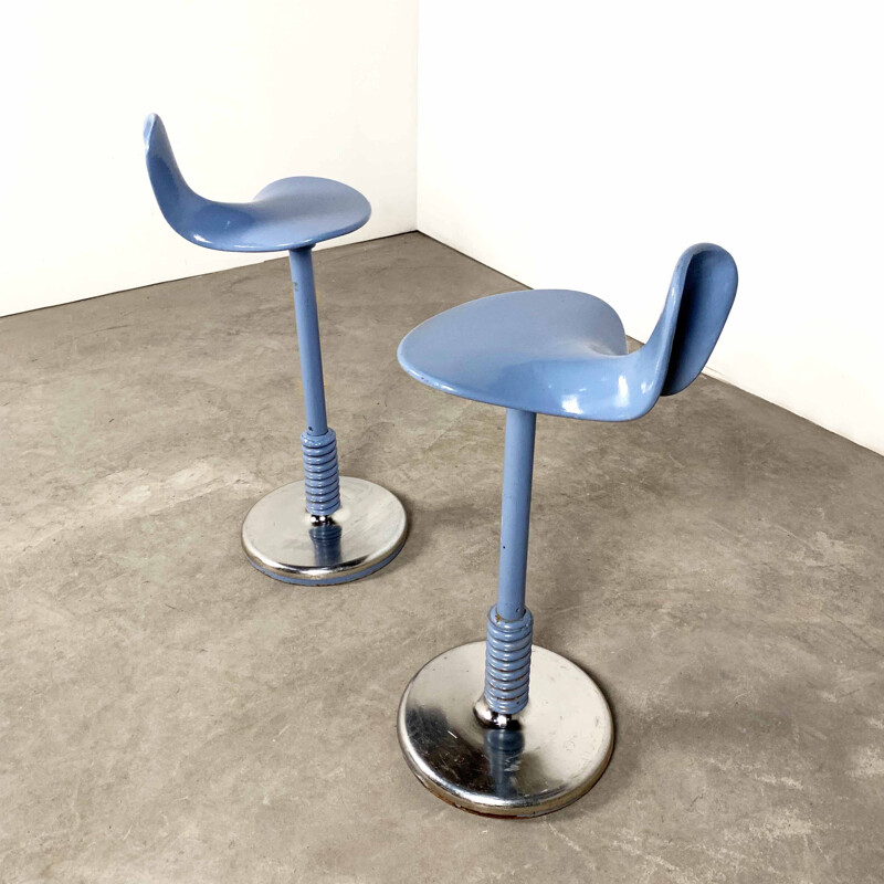 Pair of of 2 adjustable blue metal stool, 1950s