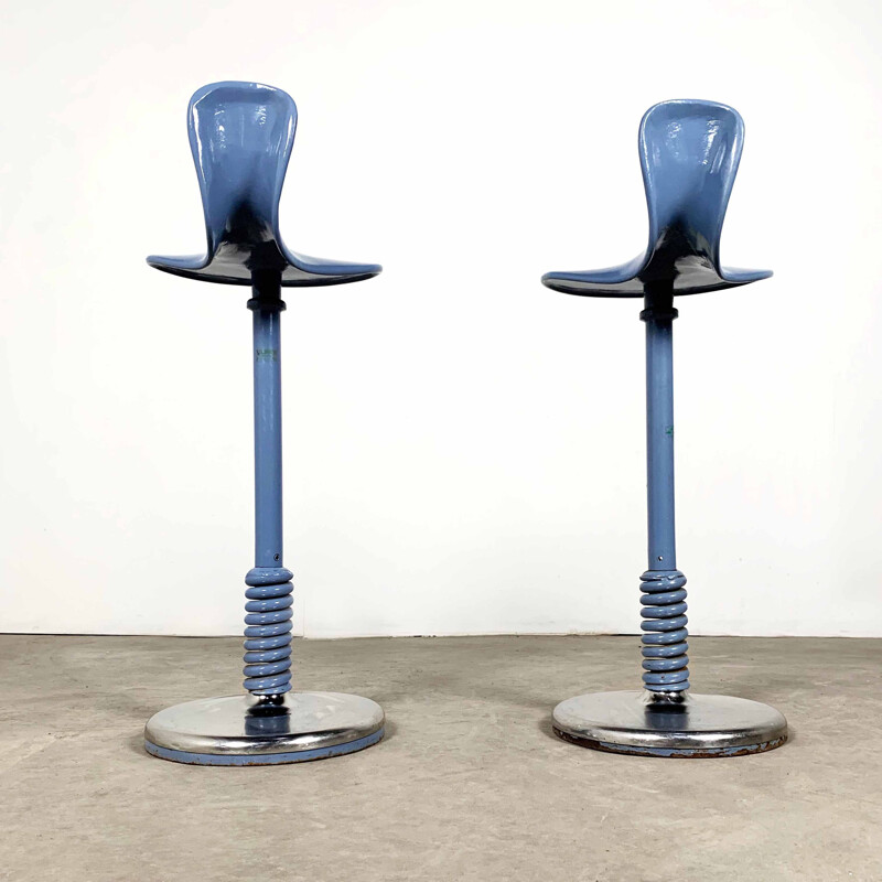 Pair of of 2 adjustable blue metal stool, 1950s