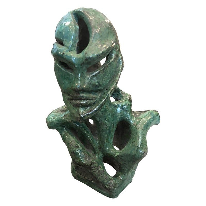 vintage Futurist Green Ceramic Italian Sculpture of a Bust, 1930