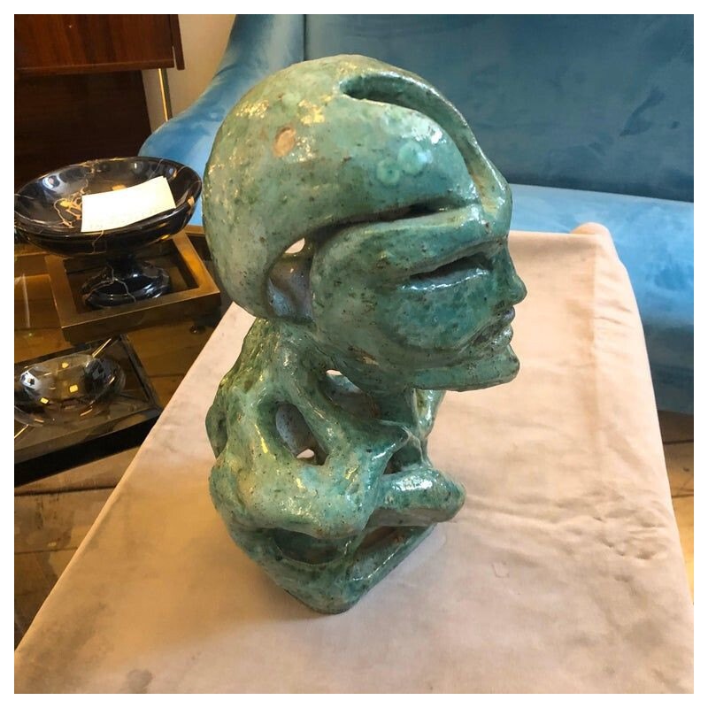vintage Futurist Green Ceramic Italian Sculpture of a Bust, 1930