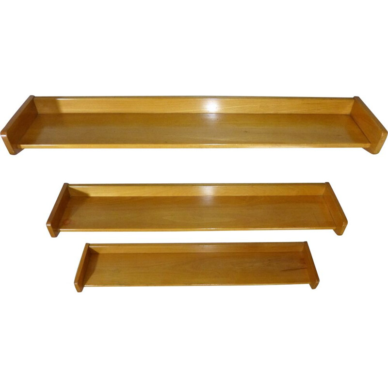 Set of 3 vintage solid vintage beechwood book-wall shelves, 1950