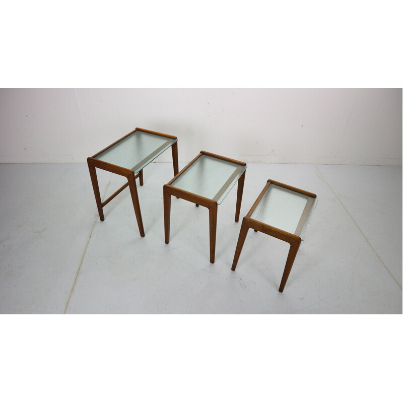 Vintage Scandinavian Walnut and Glass Nesting Tables, Denmark, 1960