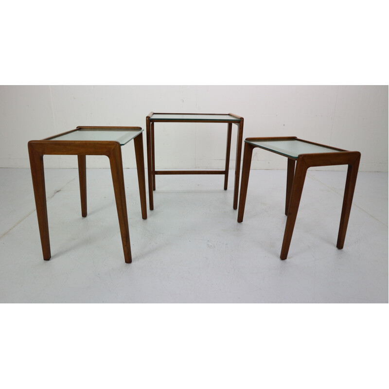 Vintage Scandinavian Walnut and Glass Nesting Tables, Denmark, 1960