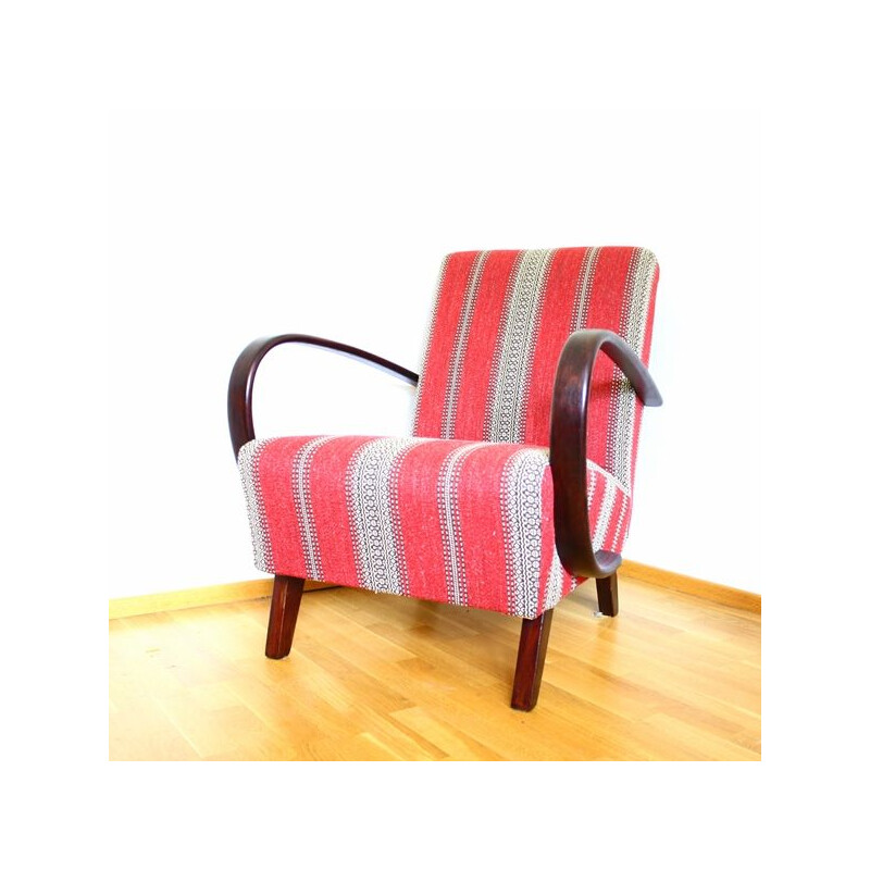 Mid century armchair in bentwood and striped fabric, Jindrich HALABALA - 1950s