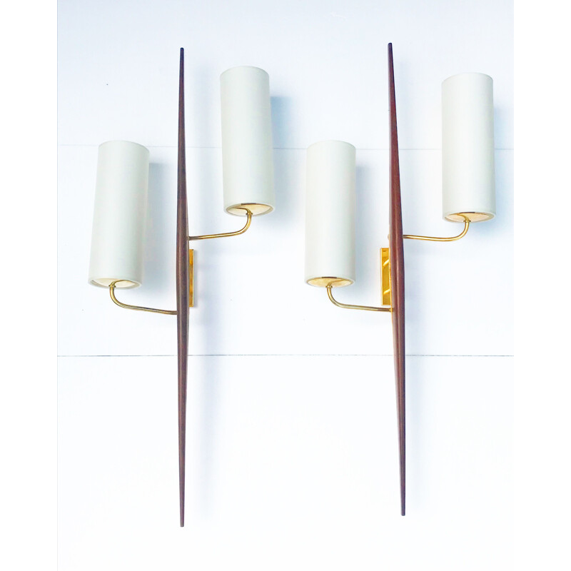 Pair of brass and teak wall lamp by Lunel, France 1960