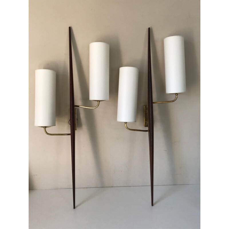 Pair of brass and teak wall lamp by Lunel, France 1960