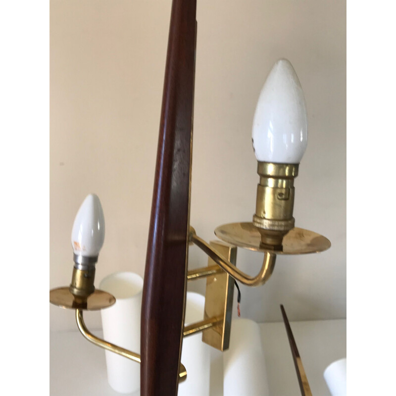Pair of brass and teak wall lamp by Lunel, France 1960