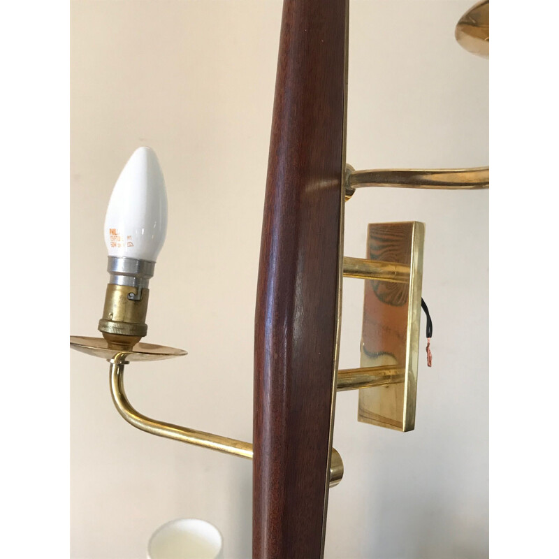 Pair of brass and teak wall lamp by Lunel, France 1960