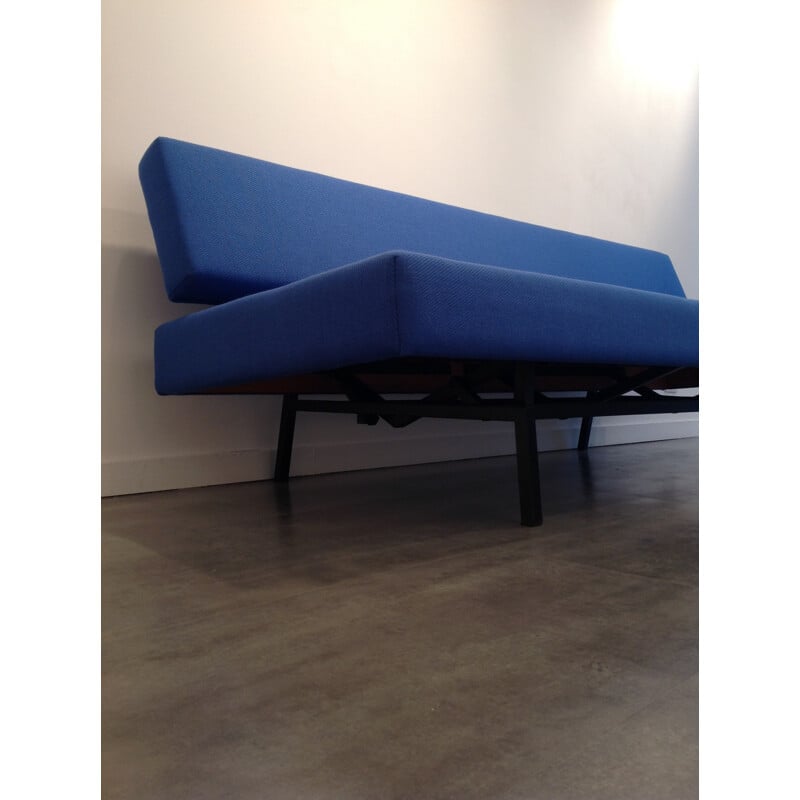 Canapé convertible en métal, bois et tissu bleu, Martin VISSER - années 60