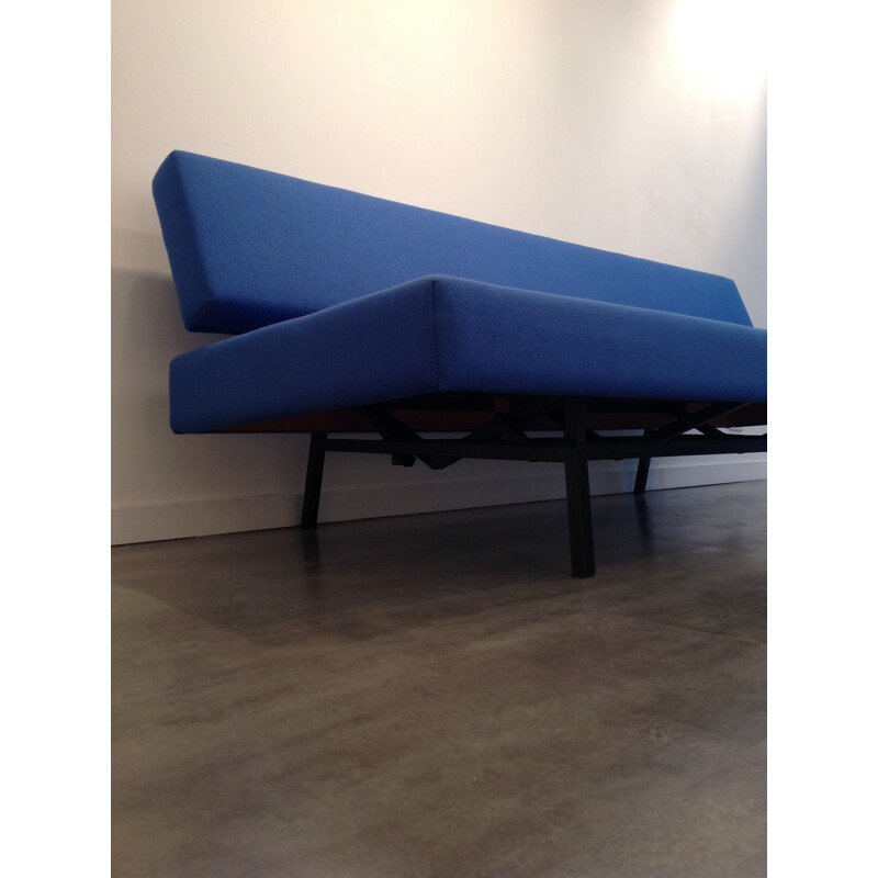 Convertible sofa in metal, wood and blue fabric, Martin VISSER - 1960s