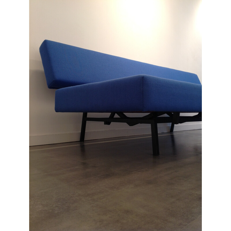 Convertible sofa in metal, wood and blue fabric, Martin VISSER - 1960s