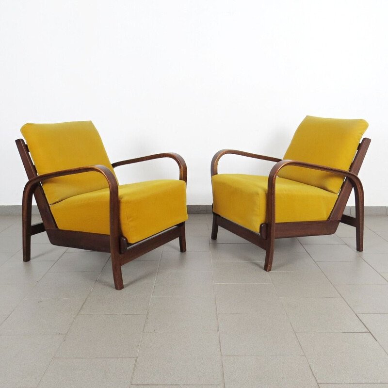 Set of 2 vintage yellow armchairs by Kozelka, 1940s