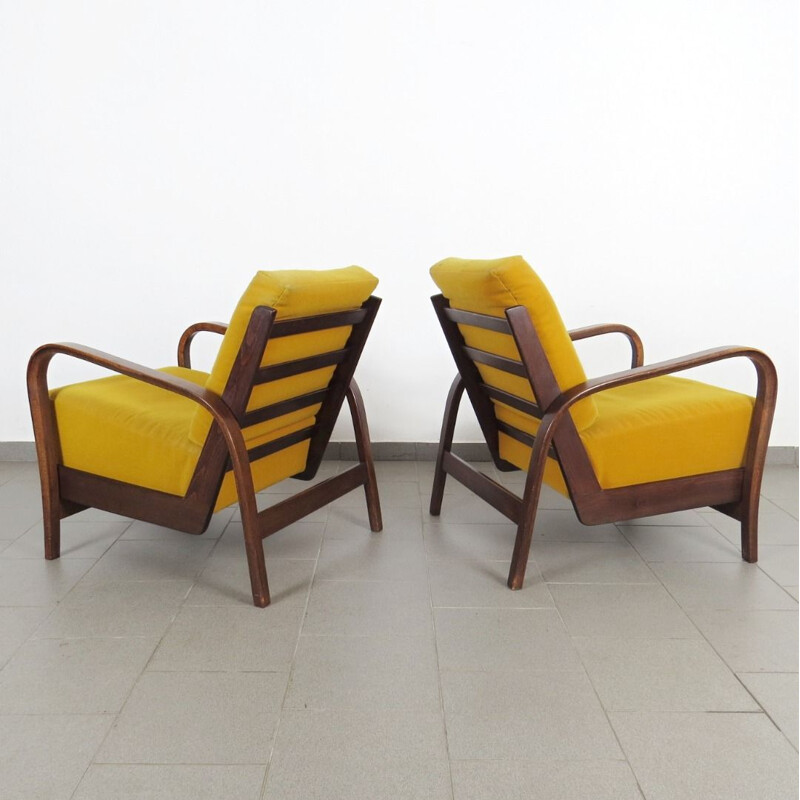 Set of 2 vintage yellow armchairs by Kozelka, 1940s
