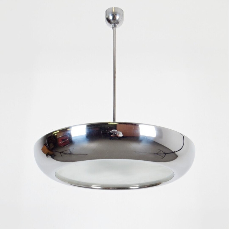 Vintage steel and glass pendant light by Josef Hurka, 1940s
