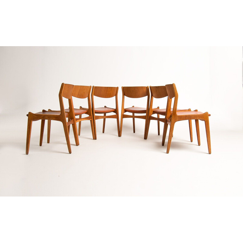 Ensemble de 6 chaises à repas vintage en chêne et cuir, Danemark, 1950