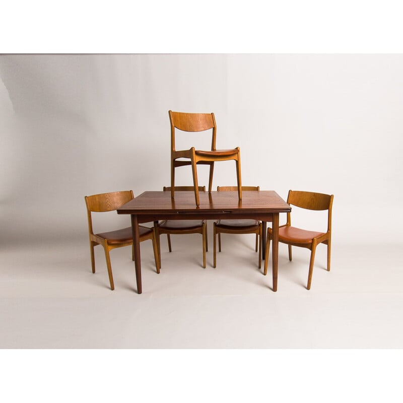 Ensemble de 6 chaises à repas vintage en chêne et cuir, Danemark, 1950