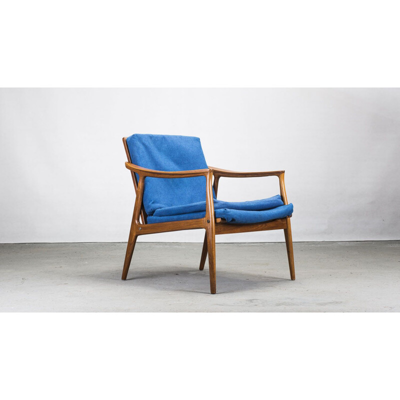 Vintage teak and blue fabric armchair, 1960s