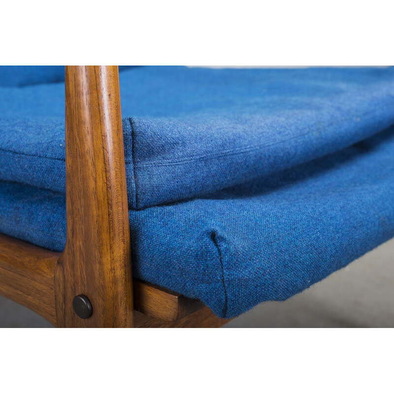 Vintage teak and blue fabric armchair, 1960s