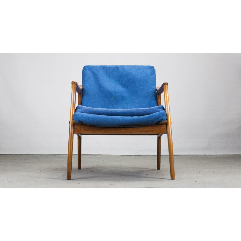 Vintage teak and blue fabric armchair, 1960s