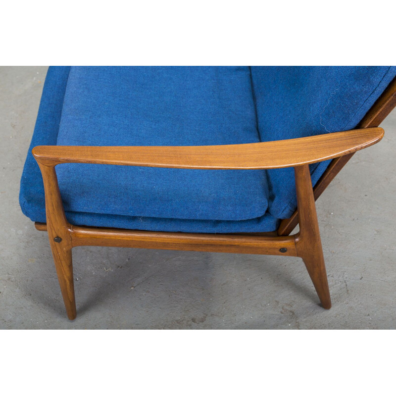 Vintage teak and blue fabric armchair, 1960s