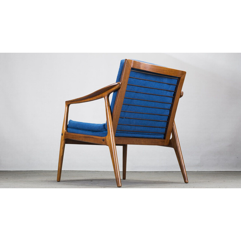 Vintage teak and blue fabric armchair, 1960s