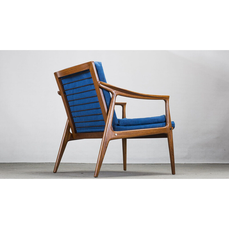 Vintage teak and blue fabric armchair, 1960s