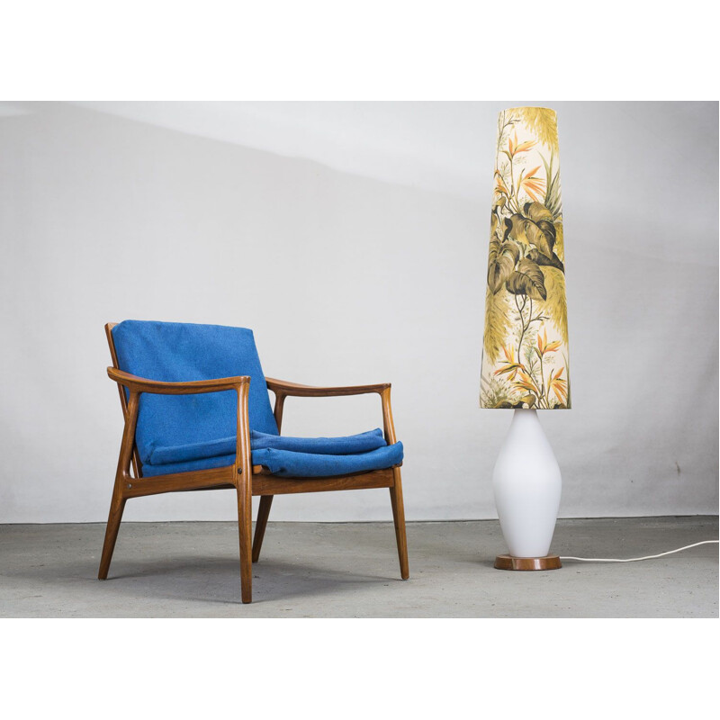 Vintage teak and blue fabric armchair, 1960s